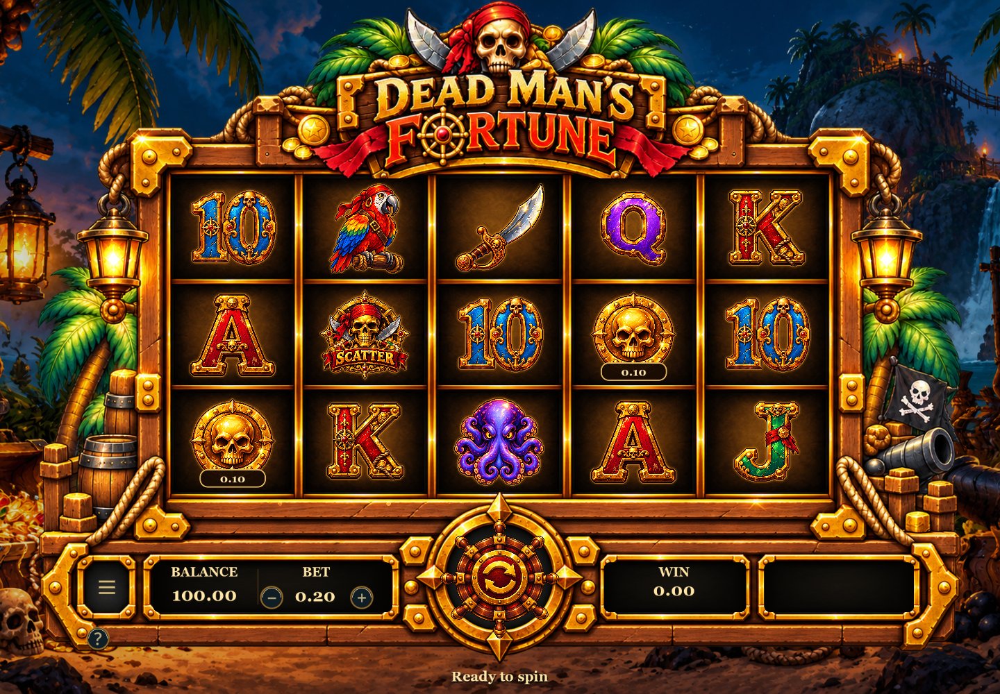 Dead Man’s Fortune gameplay with its golden pirate frame and five symbol reels